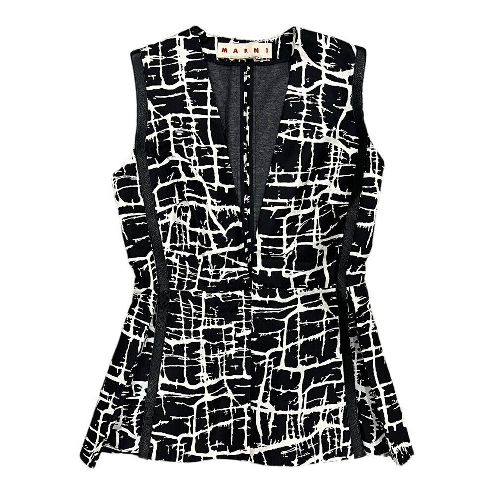 Marni Black Abstract Print Plunge Neckline Silk Blend Sleeveless Blouse XS